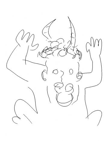 A cartoon monster with horns on its head and its hands raised 