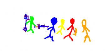 Fünf bunte kleine Figuren spielen zusammen 