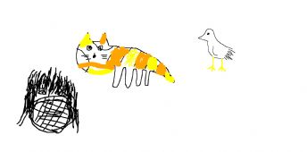 An orange-yellow cat meets a little bird 