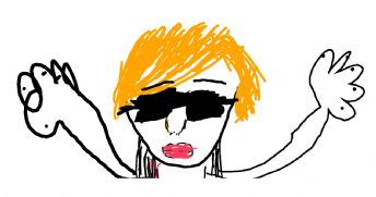 Eine Person mit leuchtend orangefarbenen Haaren und Sonnenbrille 