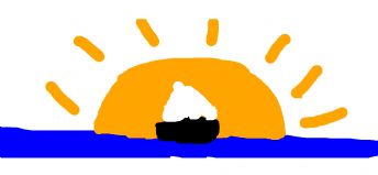 Eine Kinderzeichnung eines orangefarbenen Sonnenboots 