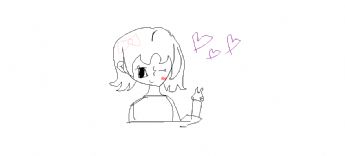 The girl with the pink bow winks and makes a peace sign 