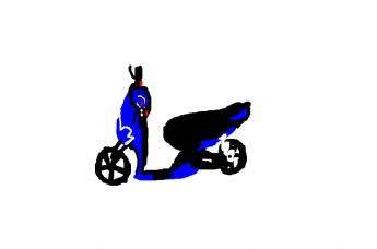 A blue knight rides a lightning-themed motorcycle 