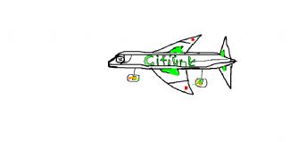 A green airplane flies in the blue sky 